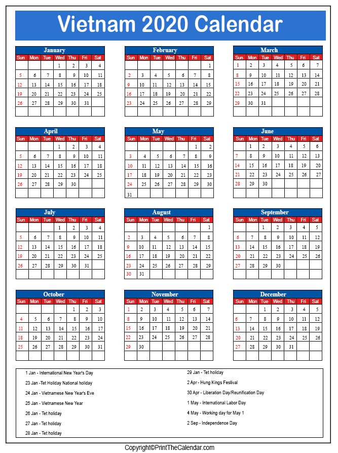 Vietnam Printable Calendar 2020